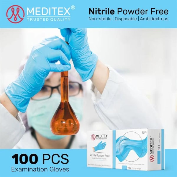 Meditex G4, Disposable Gloves, 4 mil Palm, Nitrile, Powder-Free, M, 200 PK, Blue - MD-BLU-G4-M