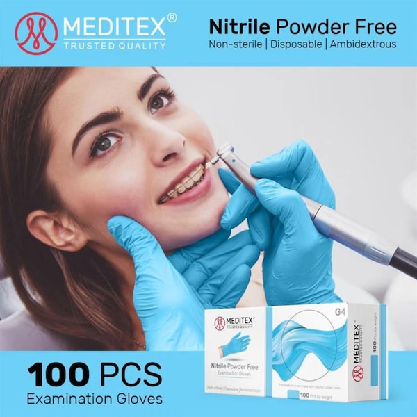 Meditex G4, Disposable Gloves, 4 mil Palm, Nitrile, Powder-Free, M, 200 PK, Blue - MD-BLU-G4-M