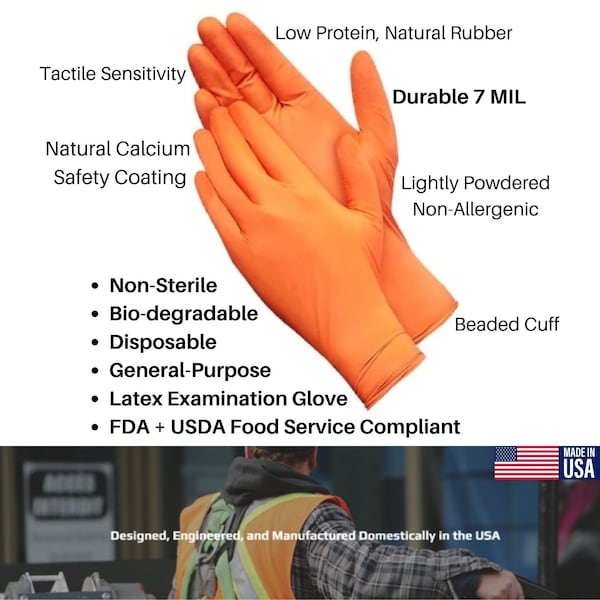 American Safety Glove Disposable Gloves, 7 mil Palm, Latex, Powdered, M, 100 PK, Orange - 5113