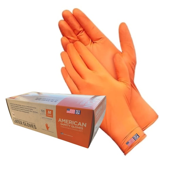 American Safety Glove Disposable Gloves, 7 mil Palm, Latex, Powdered, M, 100 PK, Orange - 5113