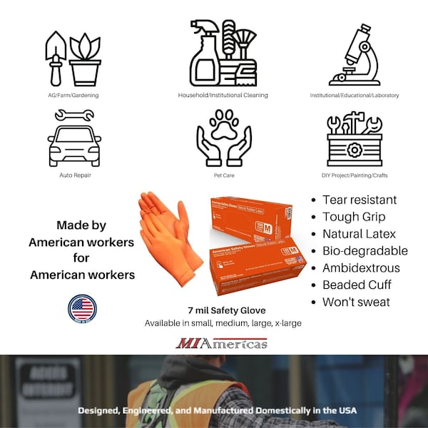 American Safety Glove Disposable Gloves, 7 mil Palm, Latex, Powdered, M, 100 PK, Orange - 5113