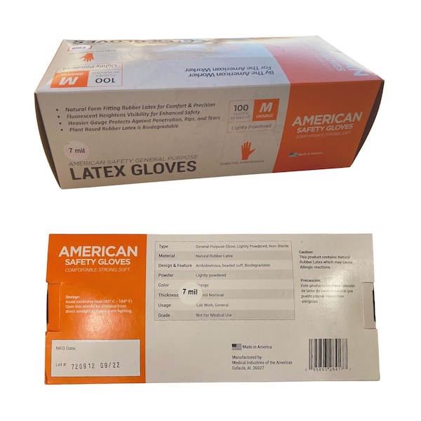 American Safety Glove Disposable Gloves, 7 mil Palm, Latex, Powdered, M, 100 PK, Orange - 5113