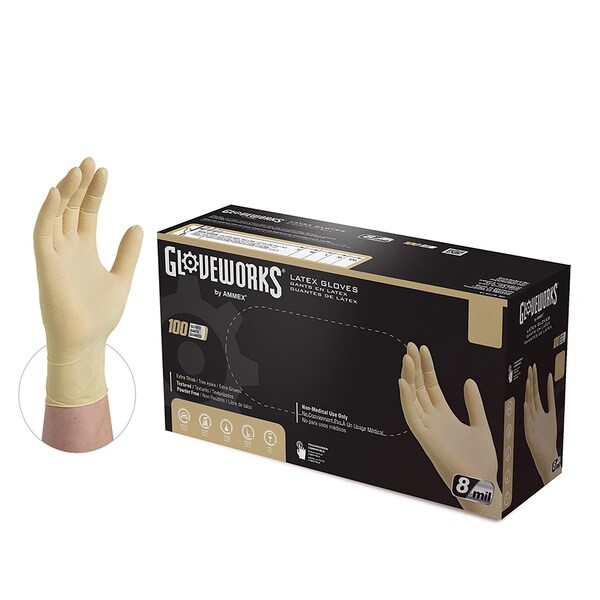 Gloveworks Disposable Gloves, 6 mil Palm, Latex, Powder-Free, 2XL, 1000 PK, Ivory - ILHD49100