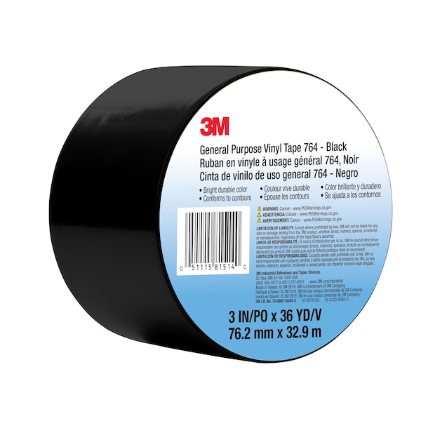 Cinta Vinílica 3M, Negro, 3" x 36 yd, 5 mil - 764 BK 3IN
