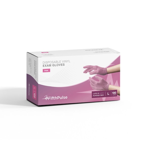 Fifthpulse FMN1000, Disposable Gloves, 3 mil Palm, Vinyl, Powder-Free, L, 100 PK, Pink - FP-V-100-L-PNK