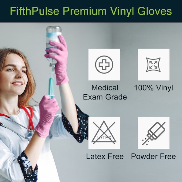 Fifthpulse FMN1000, Disposable Gloves, 3 mil Palm, Vinyl, Powder-Free, L, 100 PK, Pink - FP-V-100-L-PNK