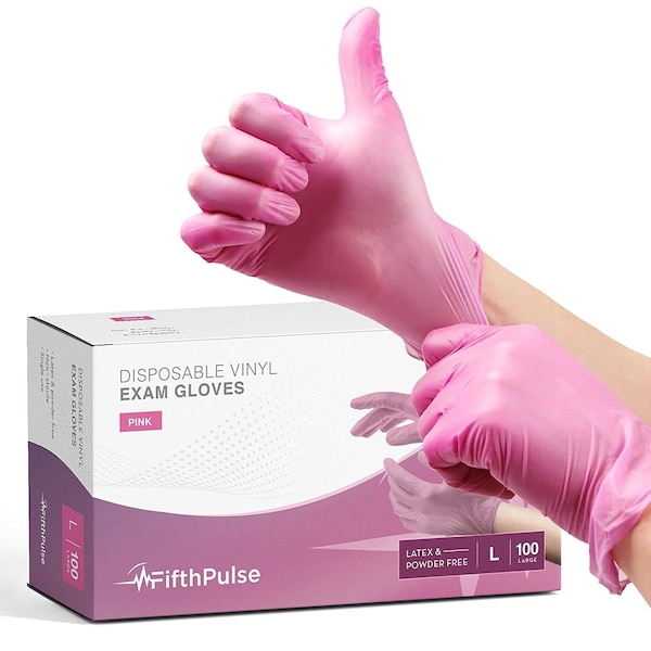 Fifthpulse FMN1000, Disposable Gloves, 3 mil Palm, Vinyl, Powder-Free, L, 100 PK, Pink - FP-V-100-L-PNK