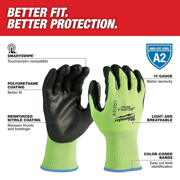 Milwaukee Tool 12 Pair High Visibility Cut Level 2 Polyurethane Dipped Gloves- L - 48-73-8922B