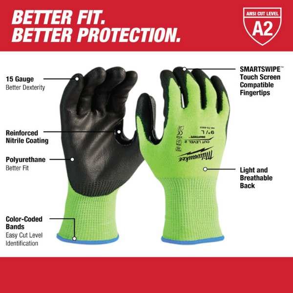 Milwaukee Tool 12 Pair High Visibility Cut Level 2 Polyurethane Dipped Gloves- L - 48-73-8922B