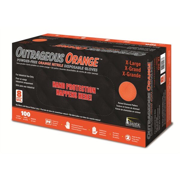 Atlantic Safety Products Super Tough Orange 8Mil Powder Free Nitrile Disposable Gloves 100/Box. L - OO-L
