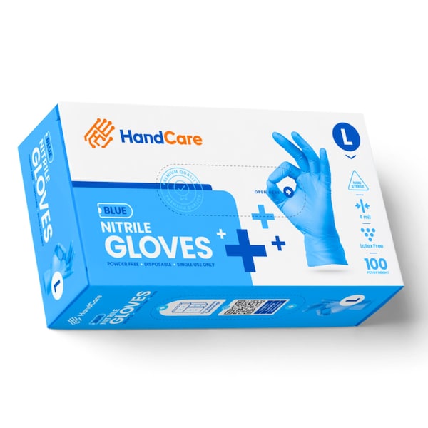 Handcare Disposable Gloves, 4 mil Palm, Nitrile, Powder-Free, M, 100 PK, Blue - HC-NEBL40MD