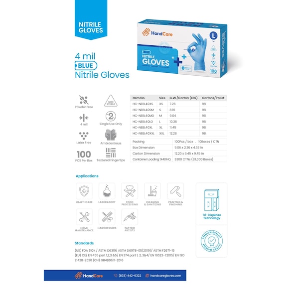 Handcare Disposable Gloves, 4 mil Palm, Nitrile, Powder-Free, M, 100 PK, Blue - HC-NEBL40MD