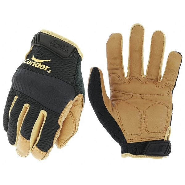 Condor Mechanics Gloves, Goatskin/Neoprene, Hook-and-Loop Cuff, Wing Thumb, Full Finger, Black/Brown, 8 - 488C84