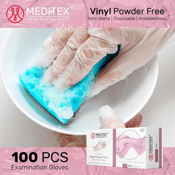 Meditex G8, Disposable Gloves, 4 mil Palm, Vinyl, Powder-Free, L, 100 PK, Clear - MD-VIN-1000-G8-L