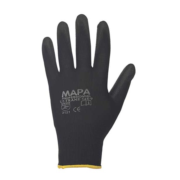 Mapa Coated Gloves, Polyurethane, Palm, Not Rated Abrasion Level, Black, XL 1 PR - 548