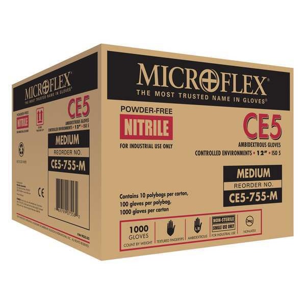 Ansell Cleanroom Gloves, 5 ISO Class, Nitrile, 12 in L, 3.9 mil, White, XL, 1000 PK - CE5-755