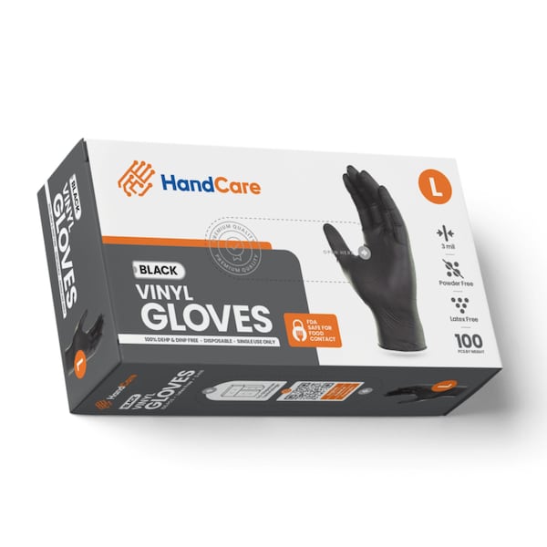 Handcare Disposable Gloves, 3 mil Palm, Vinyl, Powder-Free, L, 100 PK, Black - HC-VEBK30LG