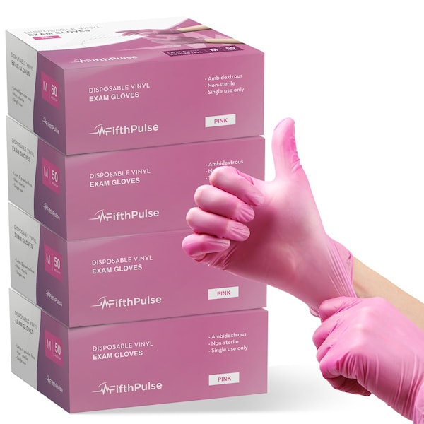 Fifthpulse 4 pack, Disposable Gloves, Vinyl, Powder-Free, M, 50 PK, Pink - FP-FMN100094-4A