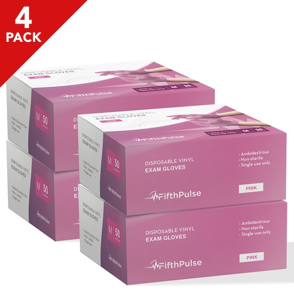 Fifthpulse 4 pack, Disposable Gloves, Vinyl, Powder-Free, M, 50 PK, Pink - FP-FMN100094-4A