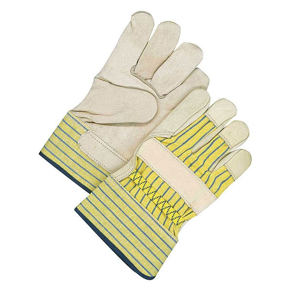 Bdg Leather Gloves, Cowhide, Safety Cuff, Wing Thumb, Full Finger, Blue/Tan/Yellow, L, 1 PR - 40-1-1511E