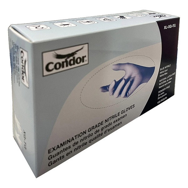 Condor Not Applicable, Disposable Gloves, 4 mil Palm, Nitrile, Powder-Free, 2XL, 100 PK, Blue - 819MG2