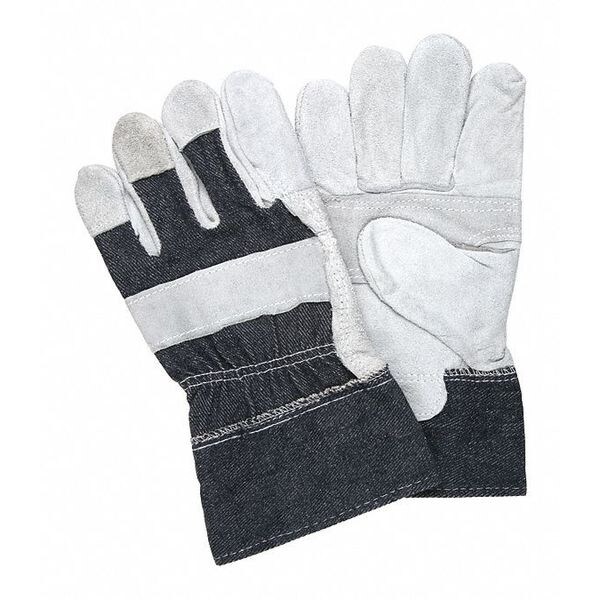 Mcr Safety Leather Palm Gloves, Cotton, Safety Cuff, Wing Thumb, Gray Palm, Blue and Gray Back, L, 12 PK - 1220DX