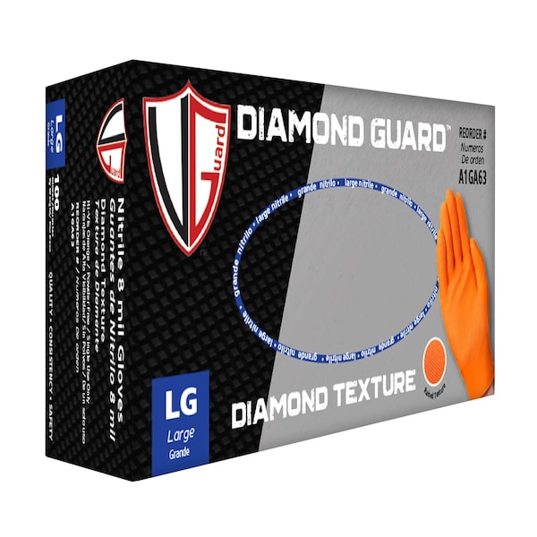 Vanguard Safety VGuard, Disposable Gloves, 8 mil Palm, Nitrile, Powder-Free, L, 100 PK, Orange - A1GA63