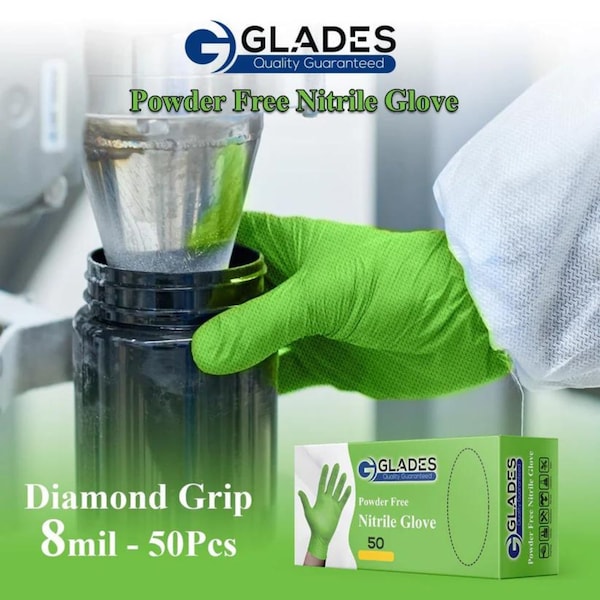 Glades Disposable Gloves, 8 mil Palm, Nitrile, Powder-Free, XL, 500 PK, Green - HM2021889004-GN-XL