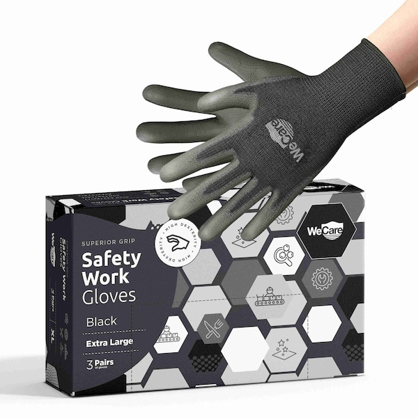 Wecare Safety Work Gloves PU Coated, Superior Grip Extra Large, 3-Pair, Black, 3PK - WMN100207