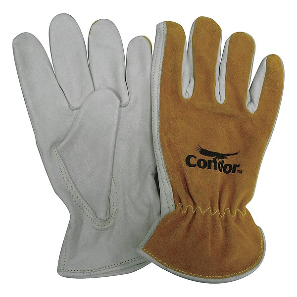 Condor Leather Drivers Gloves, Cowhide, Shirred Slip-On, Keystone Thumb, Gunn Cut, Brown/White, L 1 PR - 29JV32