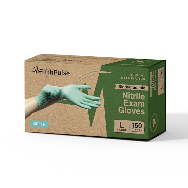 Fifthpulse Disposable Gloves, 3 mil Palm, Nitrile, L, 150 PK, Pastel Green - FMN100551