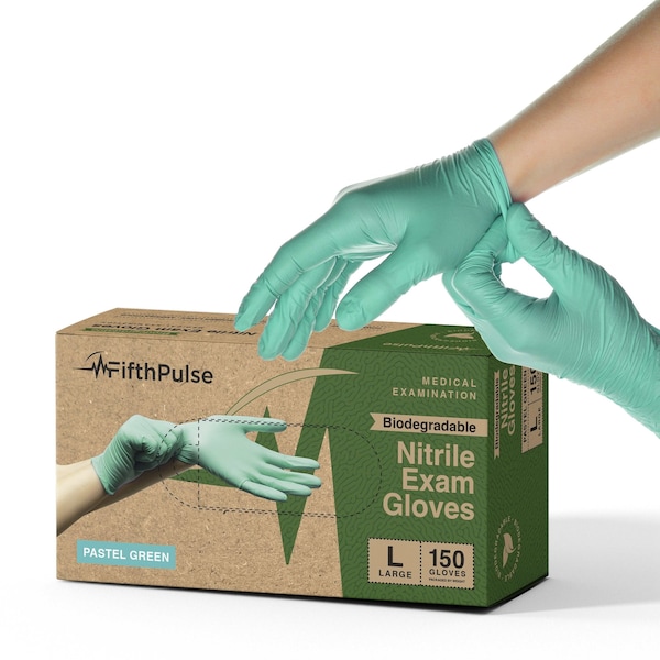 Fifthpulse Disposable Gloves, 3 mil Palm, Nitrile, L, 150 PK, Pastel Green - FMN100551