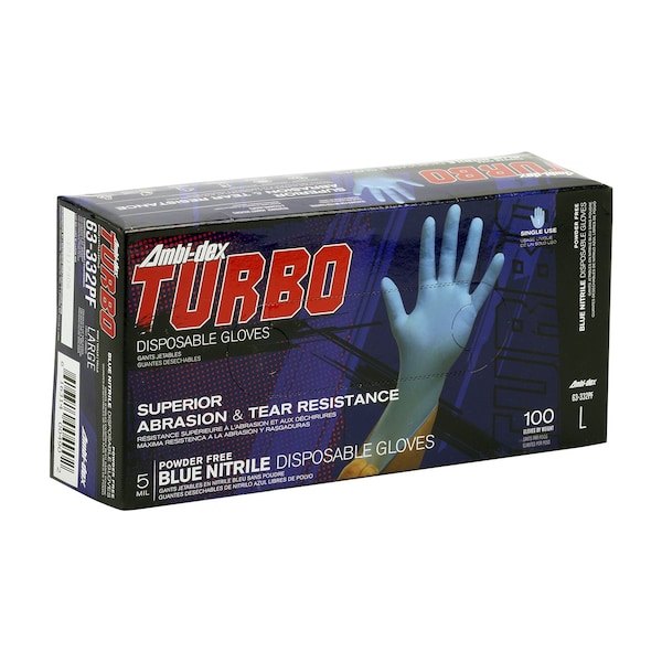Pip Ambi-dex Turbo, Disposable Gloves, 5 mil Palm, Nitrile, Powder-Free, Xl, 100 PK, Blue - 63-332PF/XL