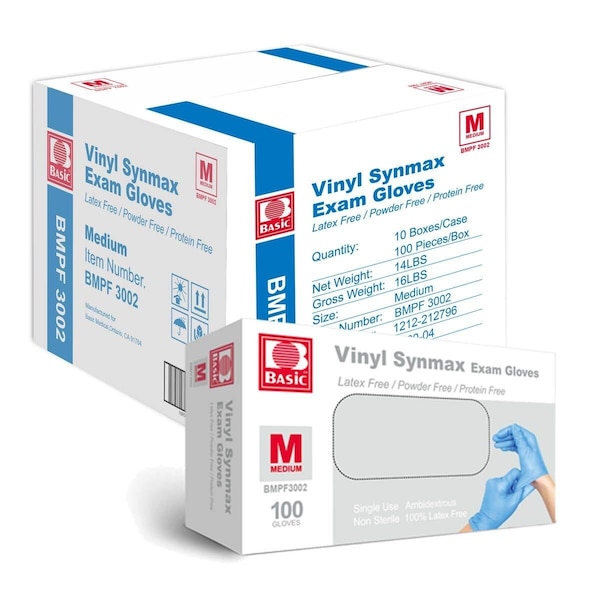 Zoro Select Disposable Gloves, Vinyl/Nitrile Blend, Powder-Free, Latex-Free, 4 mil, Blue, M, 10 boxes of 100 - SYNMAXMC
