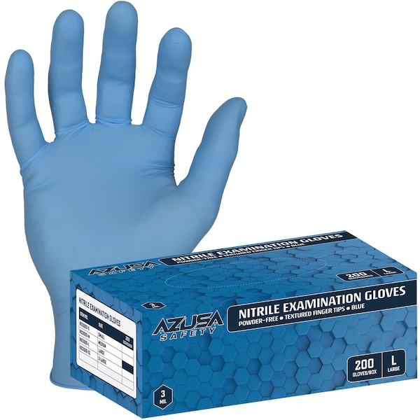 Azusa Safety Disposable Gloves, 3 mil Palm, Nitrile, Powder-Free, M, 200 PK, Blue - ND3000-M