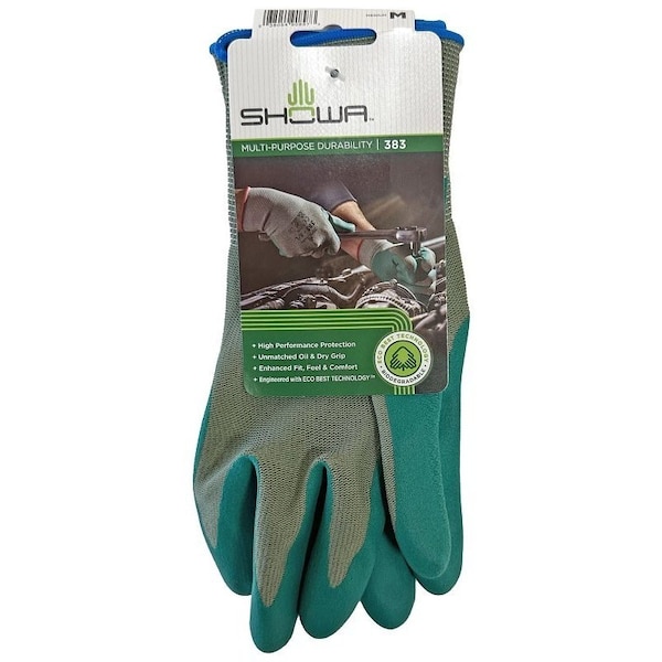Showa 383-M/07 Coated Gloves, M, 230 mm L, Nitrile Coating, Polyester, Green - 383M-07.RT