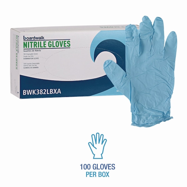 Boardwalk Disposable Gloves, 5 mil Palm, Nitrile, Powder-Free, L, 100 PK, Blue - 382LBXA