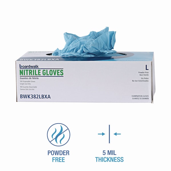 Boardwalk Disposable Gloves, 5 mil Palm, Nitrile, Powder-Free, L, 100 PK, Blue - 382LBXA