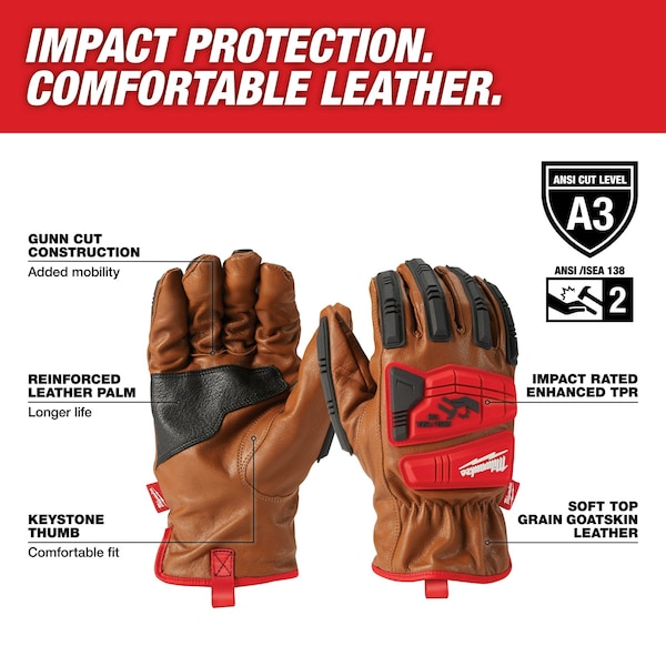 Milwaukee Tool Impact Cut Level 3, Goatskin Leather Glov, Goatskin, Shirred Slip-On Cuff, Keystone Thumb, 2XL - 48-22-8774