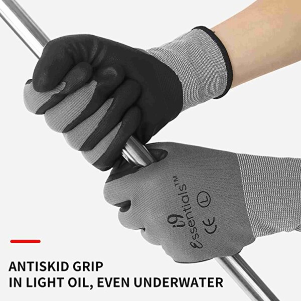 I9 Essentials Micro Foam Nitrile Coated Work Gloves Best Grip Grey Size L, 12PK - 100020