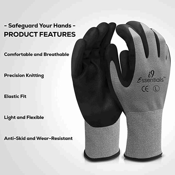 I9 Essentials Micro Foam Nitrile Coated Work Gloves Best Grip Grey Size L, 12PK - 100020