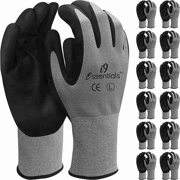 I9 Essentials Micro Foam Nitrile Coated Work Gloves Best Grip Grey Size L, 12PK - 100020