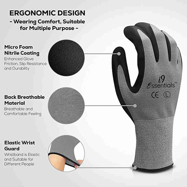 I9 Essentials Micro Foam Nitrile Coated Work Gloves Best Grip Grey Size L, 12PK - 100020
