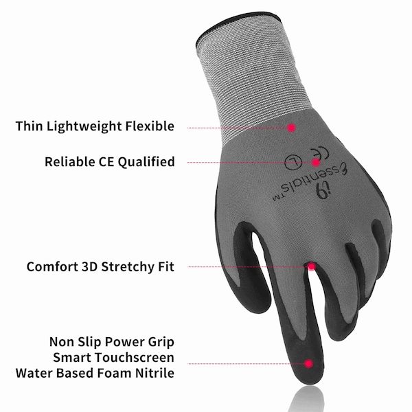 I9 Essentials Micro Foam Nitrile Coated Work Gloves Best Grip Grey Size L, 12PK - 100020