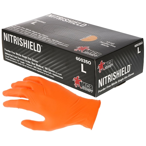 Mcr Safety NitriShield, Disposable Gloves, 3.5 mil Palm, Nitrile, Powder-Free, L, 1000 PK, Orange - 60035OL