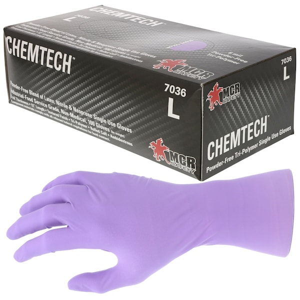 Mcr Safety ChemTech, Disposable Gloves, 6 mil Palm, Tri-Polymer, Powder-Free, M, 1000 PK, Lilac - 7036M