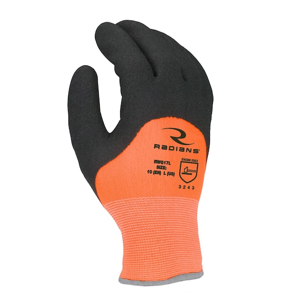 Radians Hi-Vis Cold Protection Coated Gloves, 7 Ga Acrylic Terry Liner Lining, Orange, XL - RWG17XL