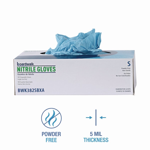 Boardwalk Disposable Gloves, 5 mil Palm, Nitrile, Powder-Free, S, 100 PK, Blue - 382SBXA