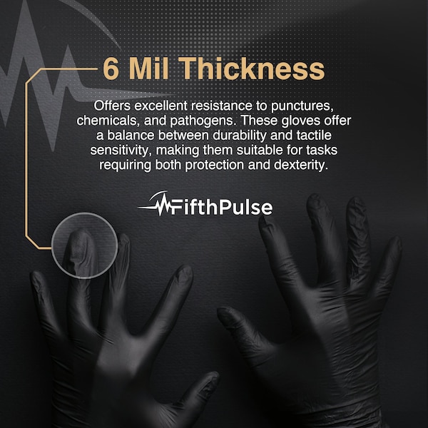 Fifthpulse Disposable Gloves, 6 mil Palm, Nitrile, Powder-Free, Medium, 200 PK, Black - FMN100711