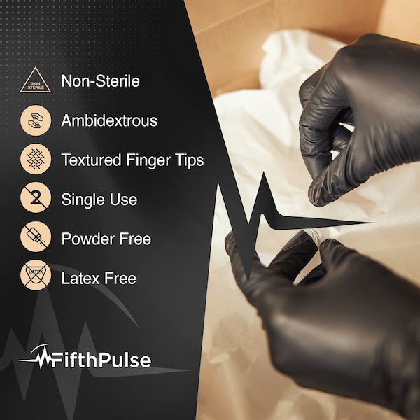 Fifthpulse Disposable Gloves, 6 mil Palm, Nitrile, Powder-Free, Medium, 200 PK, Black - FMN100711